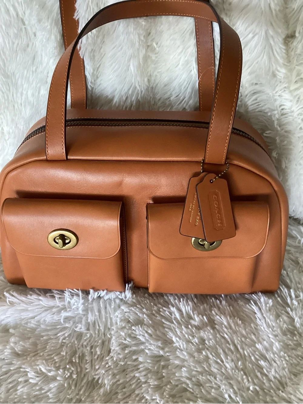 Coach Turnlock Toffee Leather Double Pocket Satchel